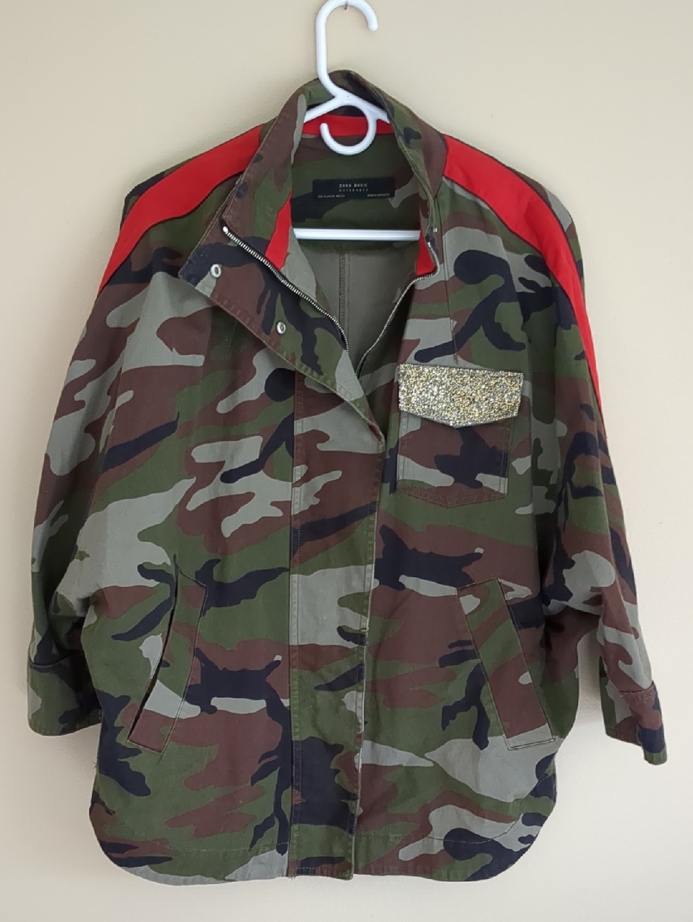XS Zara Basic Camo Red Stripe Jacket Glitter Pocket Flap Oversized